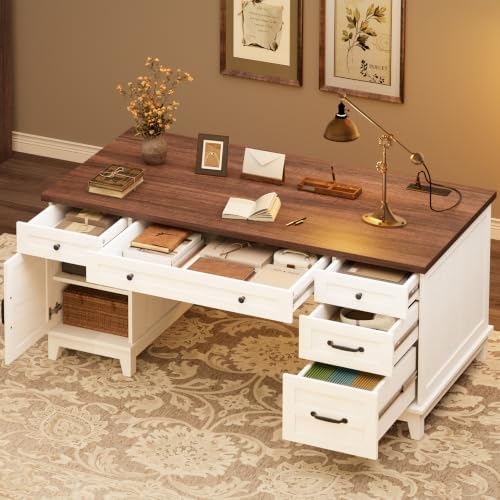 GarveeHome Executive Desk with File Drawers, Farmhouse Home Office Desk with Charging Station, 60 in Wooden Computer Desk with Cabinet Storage for Work Study Writing, White Walunt by GarveeHome