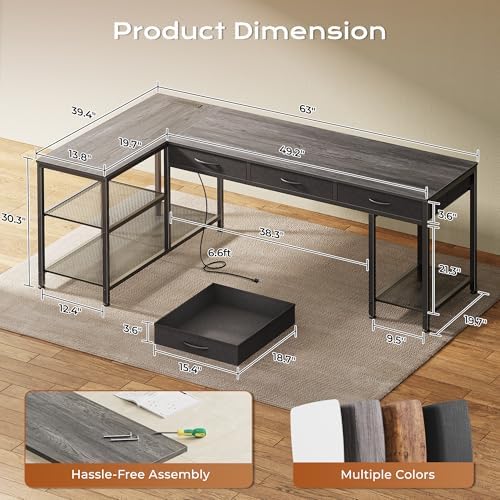 PRAISUN 63 Inch L Shaped Office Desk with Power Outlets and Type-C Port, Large Computer Gaming Desk with 3 Fabric Drawers, Mesh Shelves, Corner Study Work Writing Desk, Grey - Image 3