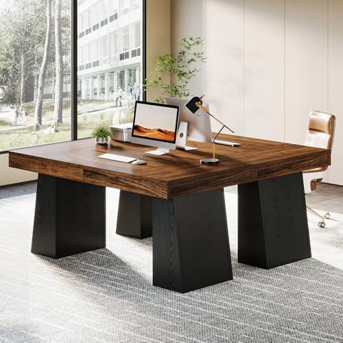Tribesigns 55-Inch Executive Desk, Large Wood Office Computer Desk with Double Pedestal, Modern Minimalist Workstations Writing Table Conference Table Furniture for Home Office, Walnut&Black - Image 3