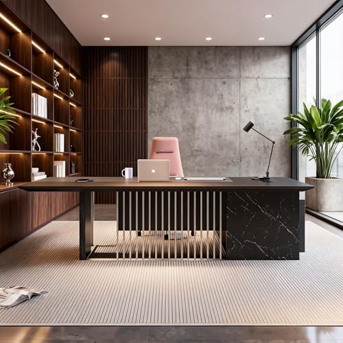 86.6” Luxury Executive Desk, L Shaped Office Desk with Storage & Wireless Charging, Marble Texture Modern CEO Desk with 304 Stainless Steel Grille, for CEO Office & Designer Home Office (Left) - Image 7