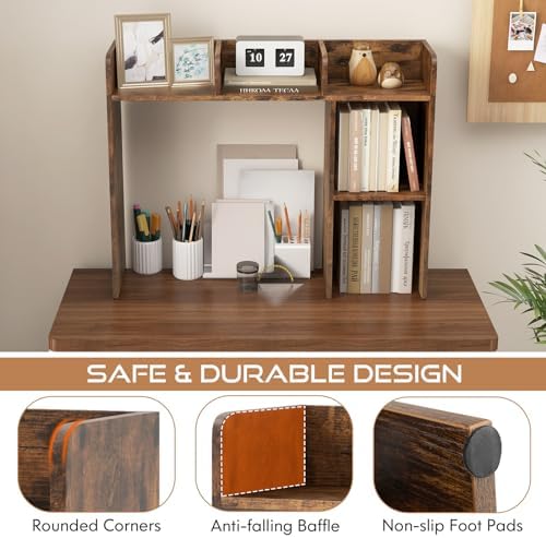 Tangkula Desktop Bookshelf, Countertop Storage Hutch with 5 Shelves for Computer Desk, 3-Tier Display Rack, Multipurpose Wood Desktop Hutch Storage Organizer for Dorm Office, Brown - Image 6