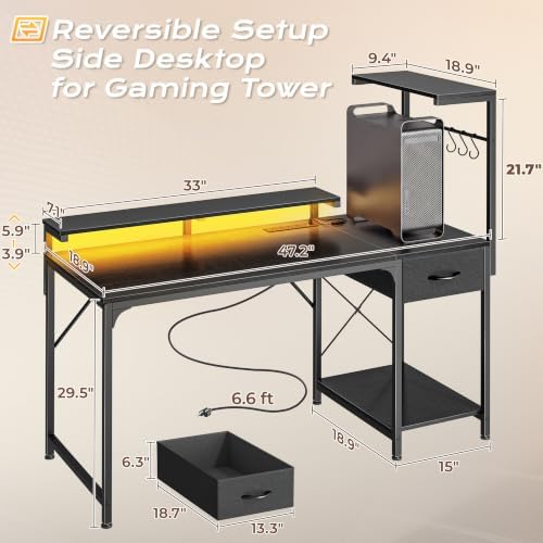 PRAISUN 47.2 Inch Gaming Desk with LED Lights & Power Outlets - Image 3