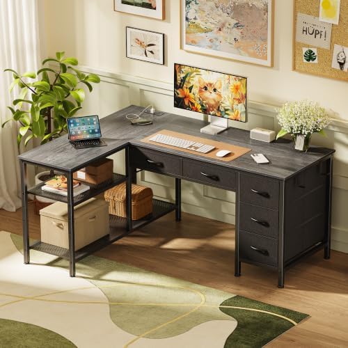 PRAISUN 47 Inch L Shaped Desk with Power Outlets, 5 Fabric Drawers - Image 2