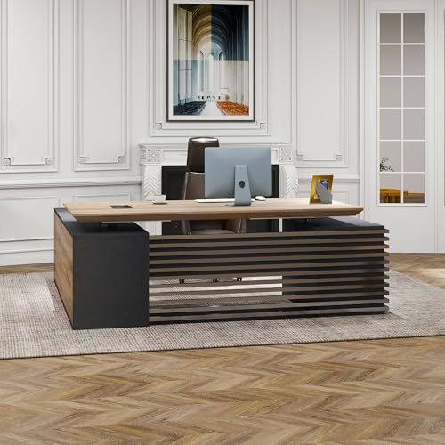 Electric Height Adjustable Executive Desk, Luxury L-Shaped Office Desk with Storage Cabinet & Charging Station, Solid Thickened Desktop, 78" Modern CEO Workstation for Home Office & Corporate Office - Image 4