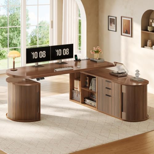 SEDETA 57" L Shaped Standing Desk with Storage, Electric Height Adjustable Curved Executive Desk, Fluted Desk with Drawers & Power Strip for Home Office, Brown by SEDETA