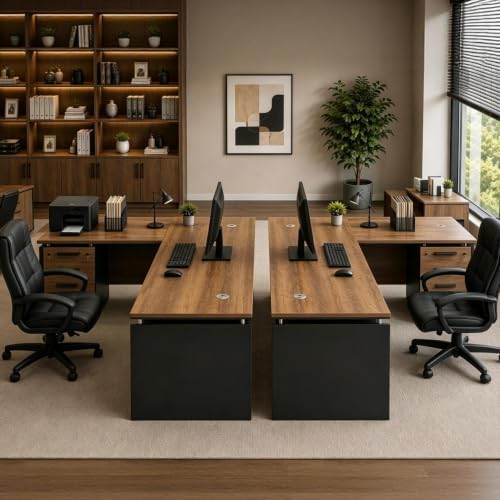 63 Inch L-Shaped Executive Desk Set of 2, Industrial Modern Wood Office Desk with 3 Drawers, Built-in Cable Management & Power Outlet, Real Wood Finish, Reversible Left/Right Return Home Workstation - Image 5