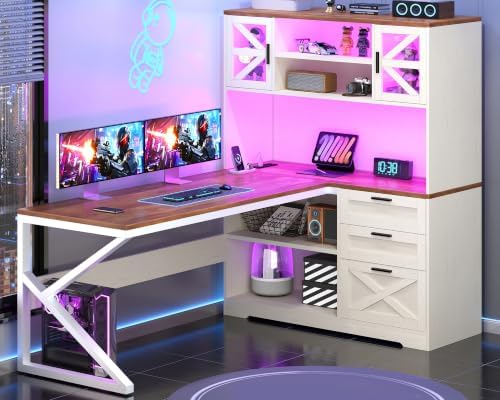 59" Farmhouse L Shaped Computer Desk with Drawers, Storage Cabinet, Outlet - Image 3