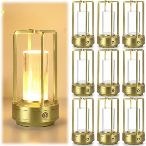 10 Pack Gold Portable Metal Table Lamp LED Rechargeable Cordless Table Light Battery Operated Desk Touch Lamp 3 Color Stepless Dimming Light for Home Outdoor Camp Patio Bar Restaurant by Unknown