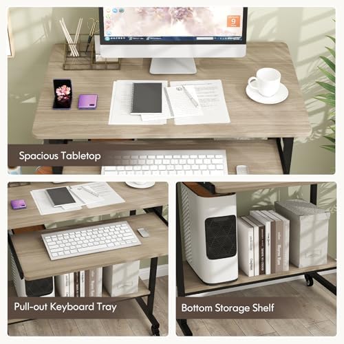 Tangkula Rolling Computer Desk Cart with Keyboard Tray, Mobile Portable Laptop PC Desk with CPU Stand & 3 Hooks for Sofa & Bed, Compact Small Desk on Wheels for Small Spaces (Grey) - Image 6