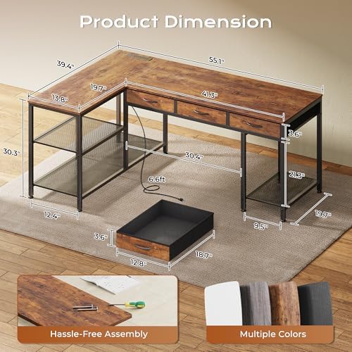 PRAISUN 55 Inch L Shaped Office Desk with Power Outlets and Type-C Port, Large Computer Gaming Desk with 3 Fabric Drawers, Mesh Shelves, Corner Study Work Writing Desk, Rustic Brown - Image 3