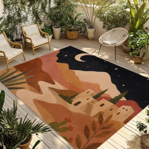 Boho Desert Night 3x5 Waterproof Outdoor Rug with Non‑Slip Backing Celestial Sky Stars Village Houses Machine Washable Deck Patio Rug Mat for Camping, RV, Garden, Balcony Pool - Image 3