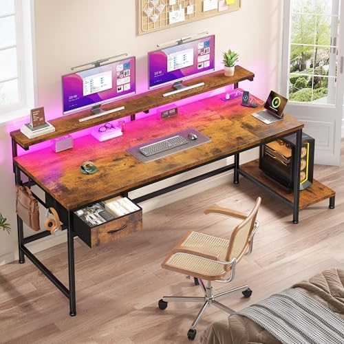 DurayLoly 47.2" Office Desk with Power Outlet & Monitor Stand,Rustic Brown - Image 2