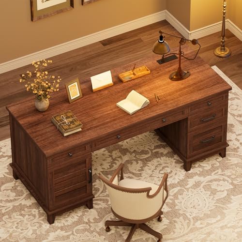 60" Executive Desk with Power Outlet, Home Office Desk with Drawers, Wooden Work Desk with File Cabinet, Computer Desk for Work, Study, Writing, Brown - Image 6