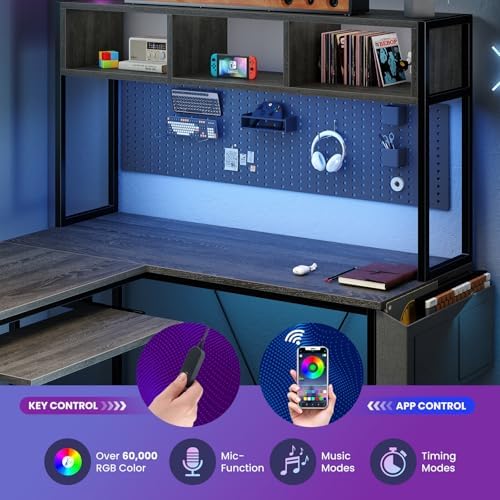 DUMOS 67" L Shaped Gaming Desk, Reversible Computer Desks with LED Lighting, Corner Desk for Compact Spaces with Keyboard Tray & Storage Shelf, Metal Frame PC Gaming Table for Home Office, Gray - Image 5