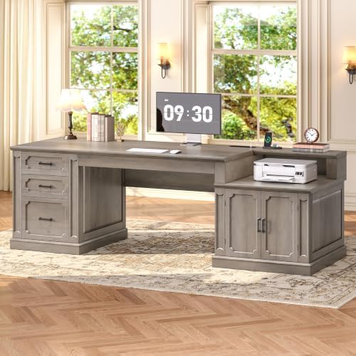 SEDETA Farmhouse 70.9" Executive Desk, Home Office Desk with File Drawers and Storage Cabinet, Computer Desk with Power Outlet for Home Office, Work Study Writing, Gray by SEDETA