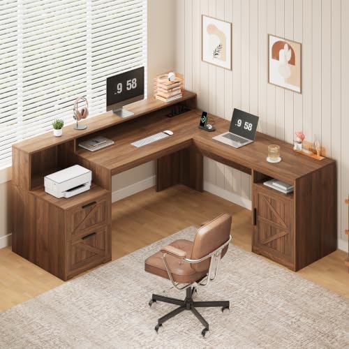 Farmhouse L Shaped Desk with Drawers & Printer Shelf for Home Office by YomiluveDesign