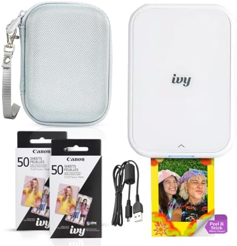 Canon Ivy 2 Mini Photo Printer (Pure White) - Bluetooth, Print from iOS & Android Devices, Bundle Incl. 110 Zink Sticky-Back Prints, LED Light Bar, Protective Case, and USB Cable by Unknown