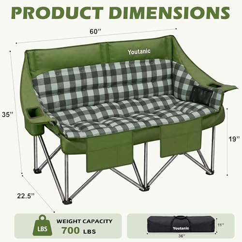 Youtanic 60" Extra Double Camping Chair for Adults, 700lbs Padded Loveseat - Image 2