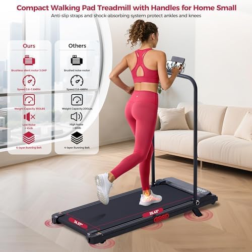 Small Treadmill for Home, Walking Pad Treadmill with Incline and Handle Bar, 3.0HP Electric Under Desk Treadmill for Small Space, 0.6-7.6MPH Portable Mini Exercise Treadmills, 350LBS Capacity - Image 3