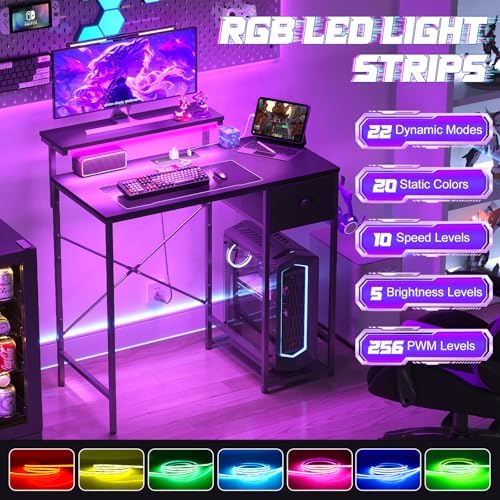 X-cosrack 33.5" Small Gaming Desk with LED Lights & Power Outlets, Compact Computer Desk with Monitor Stand & CPU Stand, Gamer Table with Storage Drawer, Side Hooks for Home Office, Bedroom, Black - Image 3