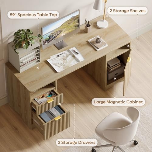 Bestier 59 inch Computer Desk with 2 Drawers, Office Desk with Storage File Cabinet and 2 Open Storage Shelves, Modern Fluted Executive Desk for Home Office Bedroom, Natural Oak - Image 4