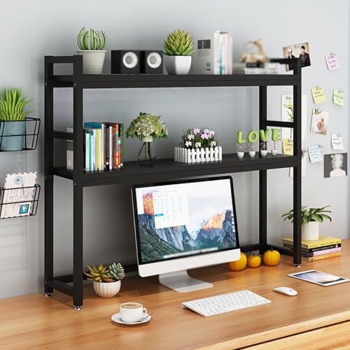 Desk Hutch Shelf Dorm Adjustable 3 Tier Countertop Desktop Bookshelf, Metal Hutch Bookcase Organizer for Office Computer Desk(Black Frame,75cm/29.5in) by Unknown