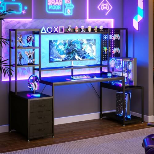 AODK 67 Inch Gaming Desk with Storage Shelves, 3 Drawers, LED Lights, Hutch - Image 2