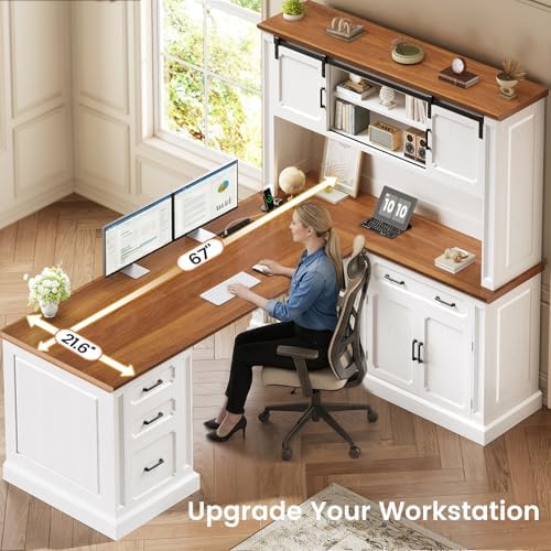 SEDETA 67" Farmhouse Executive L Shaped Desk with Hutch & Storage - Image 5