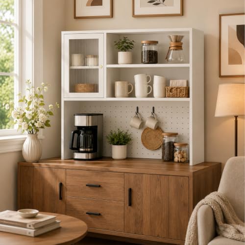 LINLIUA Desktop Bookshelf, Desk Hutch Dorm with Pegboard, Desk Shelves for Top of Desk, Wood Desktop Storage Rack with Cabinet Door, Countertop Bookcase for Office Dorm Home Study - Image 7