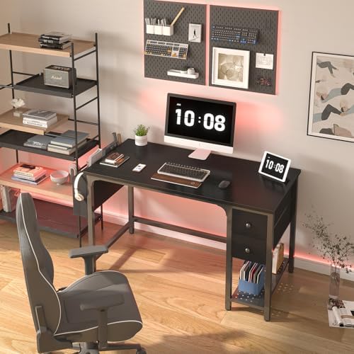 Lufeiya Gaming Desk with Fabric Drawers, 47 Inch Computer Desk for Home Office, Modern Simple Study Writing Table PC Desks for Bedroom, Black - Image 2