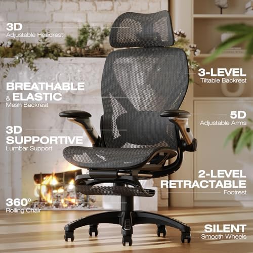 ELABEST X100 Ergonomic Mesh Office Chair with Footrest, Big and Tall Hone Desk Chair with 5D Flip-Up Arms, Adjustable 3D Lumbar Support,Gaming & Executive Computer Chairs - Image 3