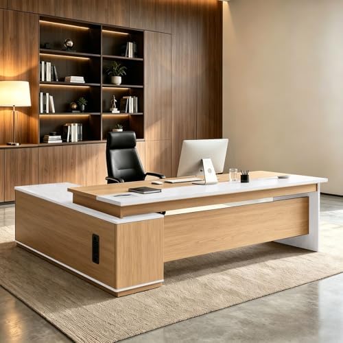 L Shaped Executive Desk with Drawers, Large Wood Workstation, Modern Executive Office Furniture for Home Office and Business Workspace, Multiple Sizes & Colors by Unknown