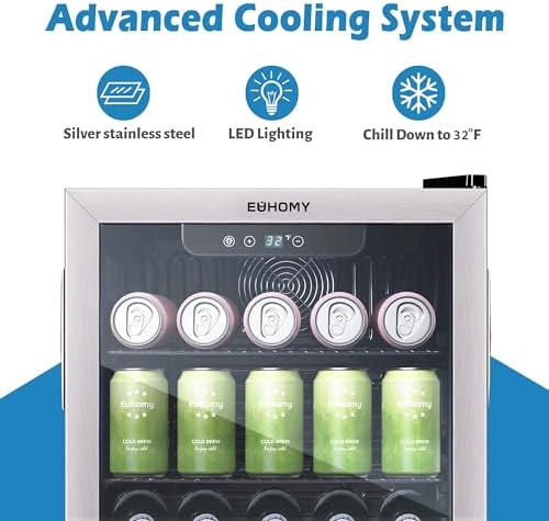 EUHOMY 26 Bottle 131 Can Beverage Refrigerator, Mini Fridge with Glass Door, Quiet Compressor and Adjust Temperature, Freestanding 3.2 Cu.ft Beverage Cooler, Silver - Image 3