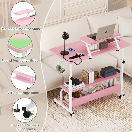 Height Adjustable Standing Desk with Power Outlets and LED Lights - 32" Manual Stand Up Desk with Monitor Stand and Storage Shelves Small Mobile Rolling Computer Desk Portable Laptop Table, Pink - Image 6