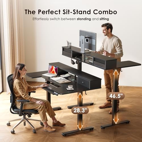 OffiGo 55 Inch U Shape Standing Desk with Keyboard Tray & Drawers, Black - Image 5