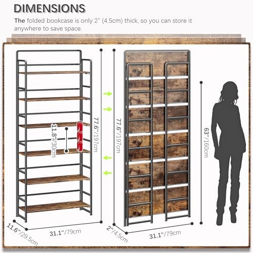 4NM No Assembly Extra Wide 6 Tier Folding Bookshelf Tall Storage Shelves Vintage Bookcase Standing Racks Study Organizer Home Office - Image 2