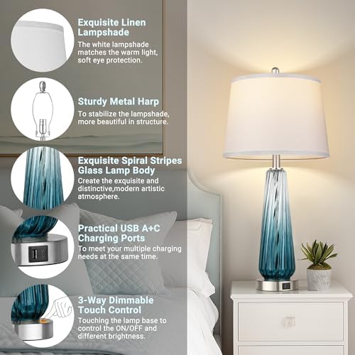 Table Lamps Set of 2 with Touch Control, Modern Glass Bedside Lamps with USB A+C Ports, 3-Way Dimmable Nightstand Lamp with White Fabric Shade, 27.5" Large Lamps for Living Room Bedrooms Decorations - Image 3