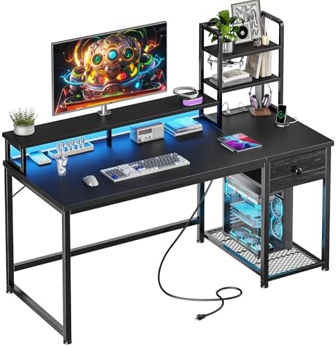 EnHomee 44" Gaming Desk with Hutch and Drawers,Black by EnHomee
