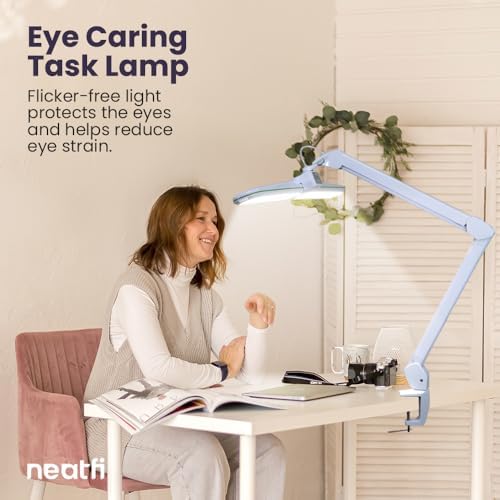Neatfi Elite HD XL LED Desk Lamp | 3 Light Modes | Non-Polar Dimming | 17 Inches Wide | Eye-Caring Desk Light for Home Office, Drafting, Beauty Shop, Workbench (Green Ring, CCT with Clamp) - Image 2
