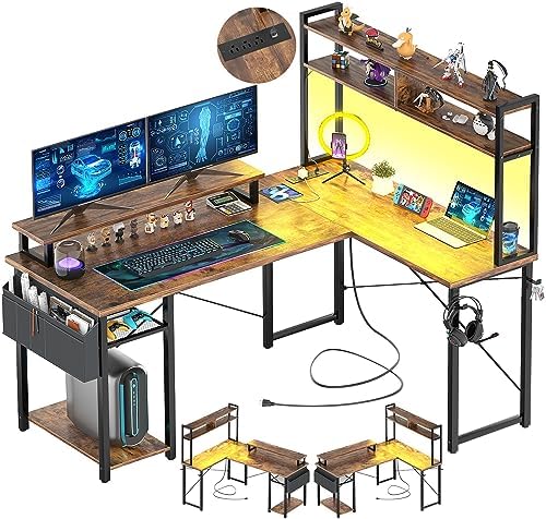Aheaplus Small L Shaped Desk Gaming Desk with LED Lights & Power Outlets by Aheaplus