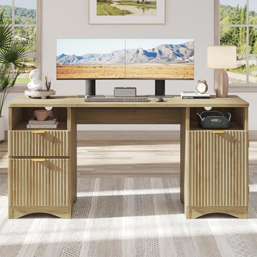 Bestier 59 inch Computer Desk with 2 Drawers, Office Desk with Storage File Cabinet and 2 Open Storage Shelves, Modern Fluted Executive Desk for Home Office Bedroom, Natural Oak by Bestier