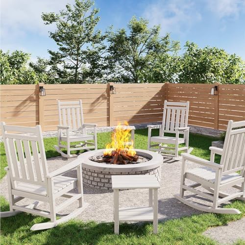 HDPE Rocking Chair Outdoor Set of 4 with 2 Side Table, High Back Rocker by Garvee