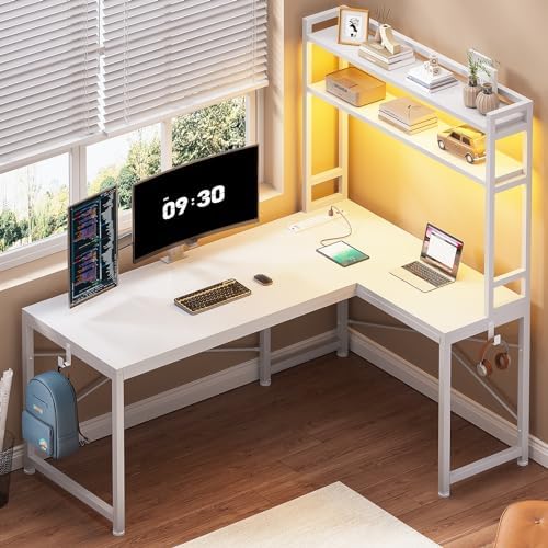 SEDETA White Corner Desk, Reversible 45.3” Small Computer Desk with Power Outlet and LED Lights, Corner Computer Desk with Hutch, Storage Shelves and Hooks for Small Space by SEDETA