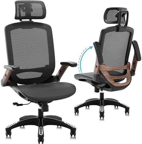 GABRYLLY Ergonomic Office Chair, High Back Home Desk Chair with 2D Flip-Up Arms, 3D Headrest, 90-120° Tilt and Wide Cushion, Big and Tall Mesh Chairs for Man Woman, Computer Task Chair Dark Wood Grain by GABRYLLY