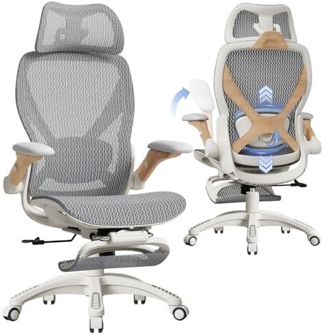 ELABEST X100 Ergonomic Mesh Office Chair with Footrest, Big and Tall Home Desk Chair with 5D Flip-Up Arms, Adjustable 3D Lumbar Support, Gaming & Executive Computer Chair (Foggy Morning) by ELABEST