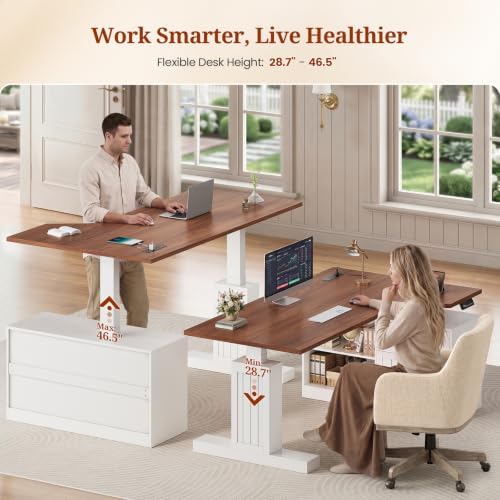 UPOSOJA 59" Farmhouse L Shaped Standing Desk with File Drawers, Electric Executive Desk Adjustable Height with Power Outlets, Storage Shelves, Sit Stand Corner Computer Desk for Home Office, White - Image 3