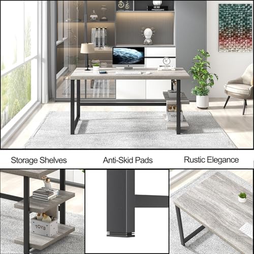 FOLUBAN Computer Desk, Modern Home Office Desk with Shelves, Wood Writing Study Gaming Table for Living Room Bedroom, Light Grey, 53 inch - Image 6