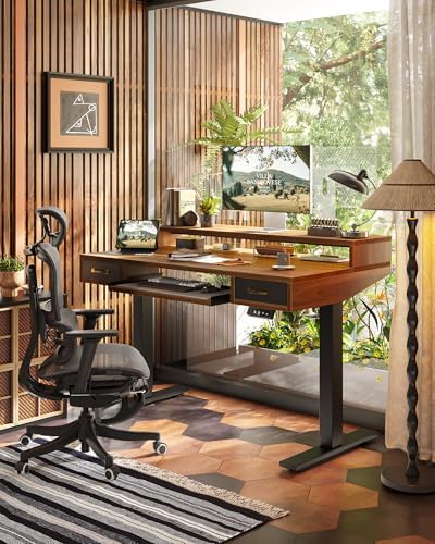 TIQLAB Standing Desk with Two Drawers, Stand Up Standing Desk Adjustable Height, Electric Sit Stand Table with Storage Shelf and Splice Board, with LED Light, 55 * 28 inch, Black Walnut - Image 2