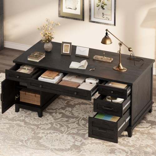 60" Traditional Home Office Desk with Power Outlets, Wooden Executive Desk with File Cabinet and Drawers, Farmhouse Wood Work Desk for Work, Study, Writing, Black - Image 3