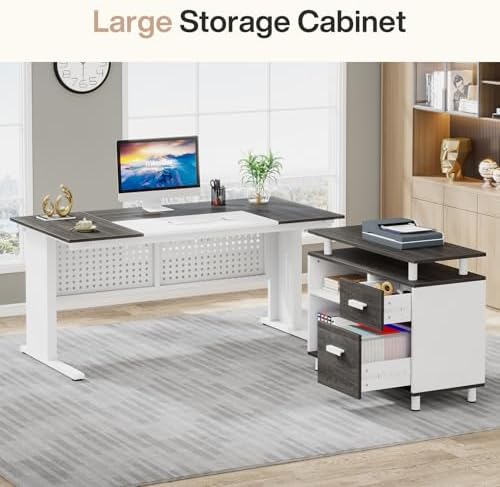 Tribesigns 63 Inch Executive Desk with File Cabinet, L Shaped Office Desk with Drawers and Storage Shelves, Business Furniture Set Workstation for Home Office, Gray and White - Image 6